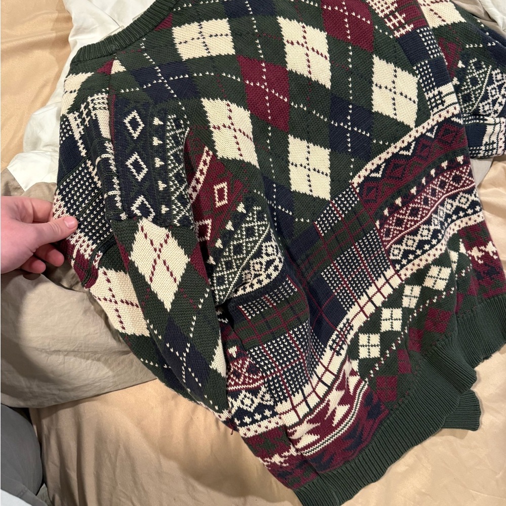 Vintage 80's Woods & Gray Knit Argyle Crewneck Sweater large cotton